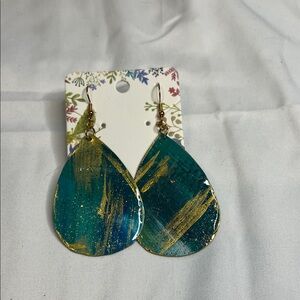 Hand-Painted Teardrop Earrings in Teal and Gold